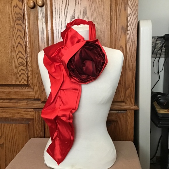 NWT Katherine’s Collection Red Satin scarf w/removable flower accent, 64” long - Picture 4 of 13